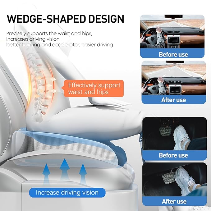 Adult Car Booster Seat Cushion - Memory Foam Car Seat Wedge Cushion - Coccyx Cushion for Tailbone Pain - Driver Seat 3 Inch Height Boost Cushion - for Cars, Trucks, Home & Office Chairs, Black