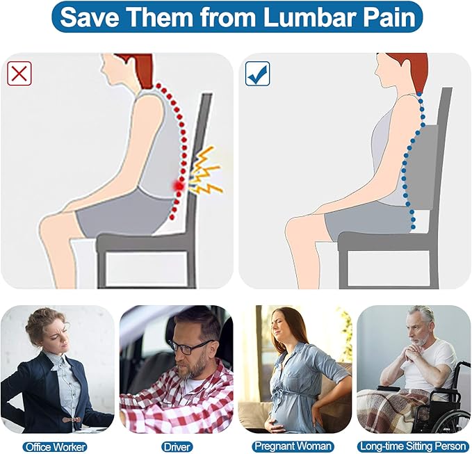 Lumbar Pillow for Chair and Car, Back Support for Office, Memory Foam Cushion with Mesh Cover - Gray