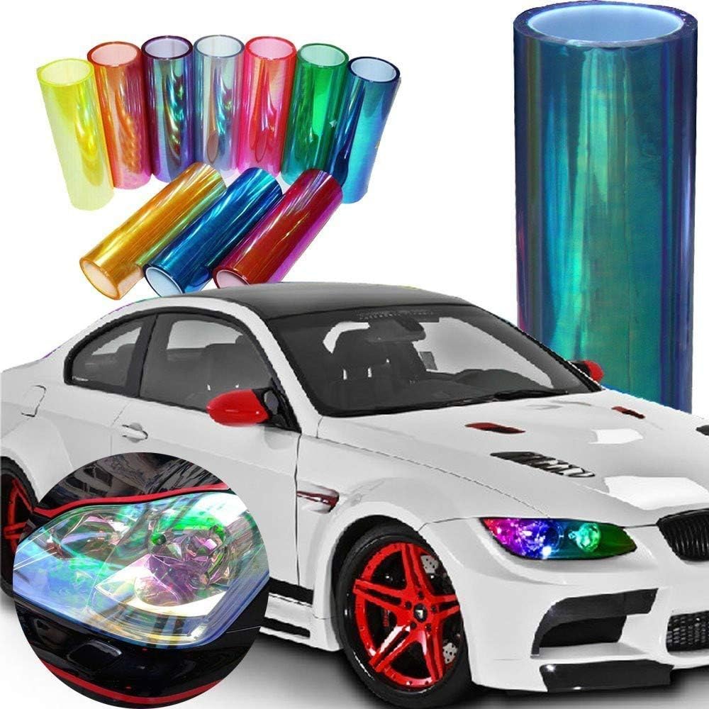 LED LIGHT 12 by 48 inches Self Adhesive Shiny Chameleon Headlights Tail Lights Fog Lights Films,Film Sheet Sticker,Tint Vinyl Film with Gift Knife and Hand Tool (Fluorescence Yellow)