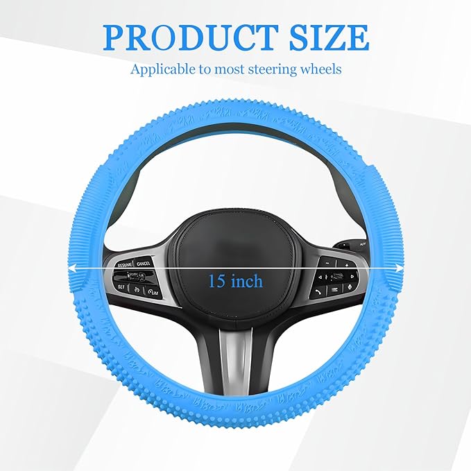 Wuyaoyao Car Steering Wheel Cover, Anti-Slip Silicone Steering Wheel Cover Protector, Non-Slip Massage Grip Auto Wheel Cover Fits 14-15 Inch, Universal Interior Car Accessories (Sky Blue)