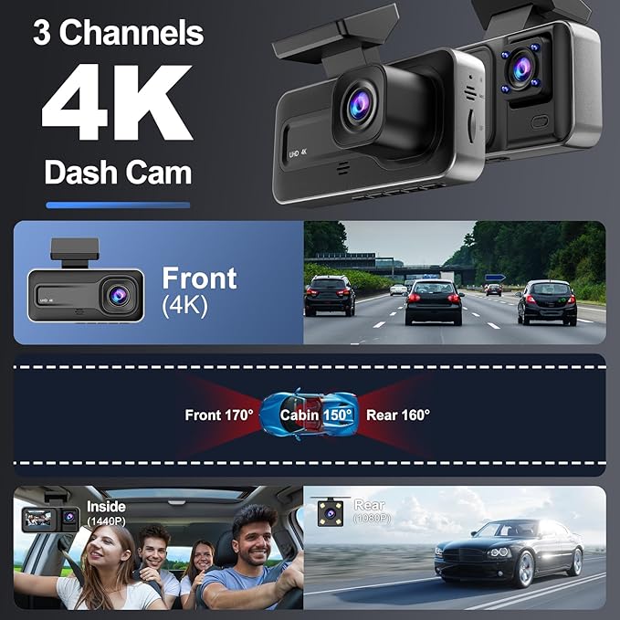 4K 3 Channel Dash Cam with 64GB Card, 4K+1080P+1440P Dash Cam Front and Rear Inside, Dash Camera for Cars with Motion Detection, 24H Parking Mode, Super Night Vision, Loop Recording