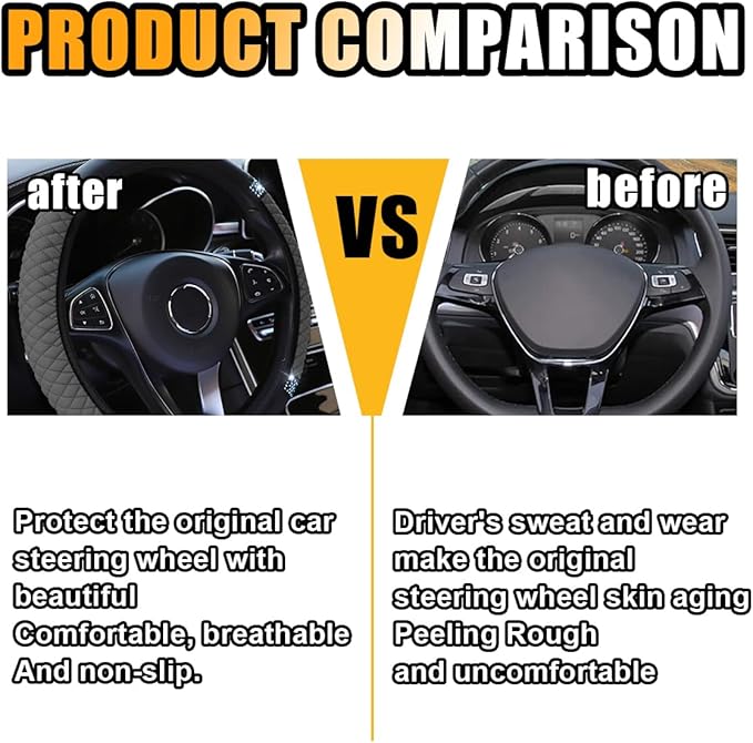 Bling Soft Leather Steering Wheel Cover, 15 Inch Colorful Rhinestones Auto Elastic Protector with Crystal Diamond for Women Girls, Car Accessories for Most Cars, SUVs (Grey)