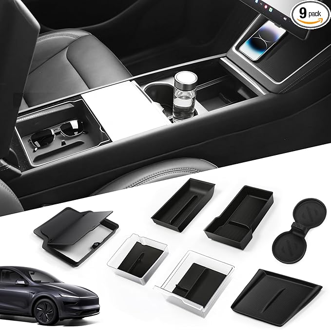 9PCS Center Console Organizer Set for Tesla Model Y Juniper 2026, Console Storage Tray Kit with Anti-Slip Wireless Charging Pad, Armrest Organizer & Cup Holder Insert (Not for Standard)