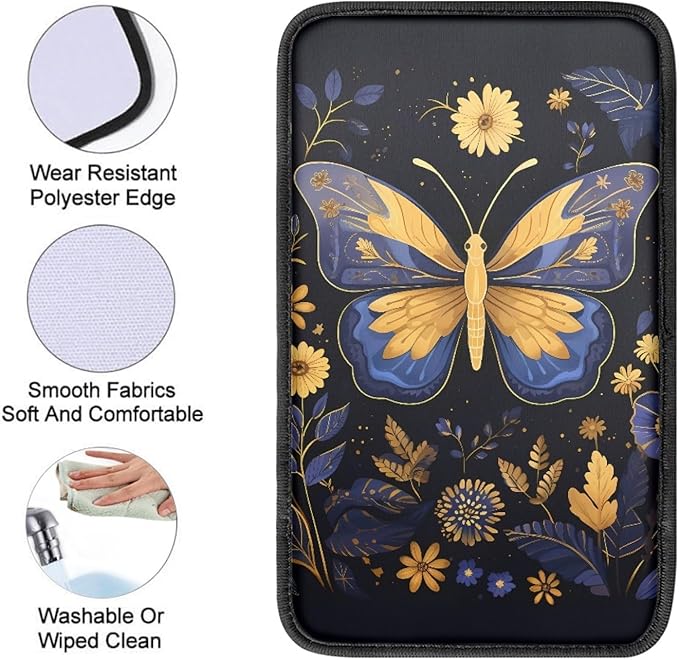 UNICEU Car Accessories Soft Comfy Armrest Cover Pad, Trippy Floral Butterfly Neoprene Car Center Console Armrest Protector Cover Universal Fit Trucks SUV Van