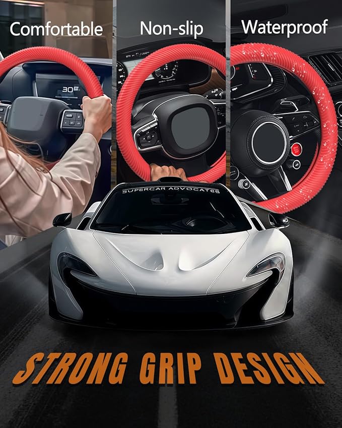 WOCOCN Car Steering Wheel Cover, Thin Anti-Skid Silicone Steering Wheel Cover for Men & Women, Universal Automotive Interior Accessories for Most Cars (Red)
