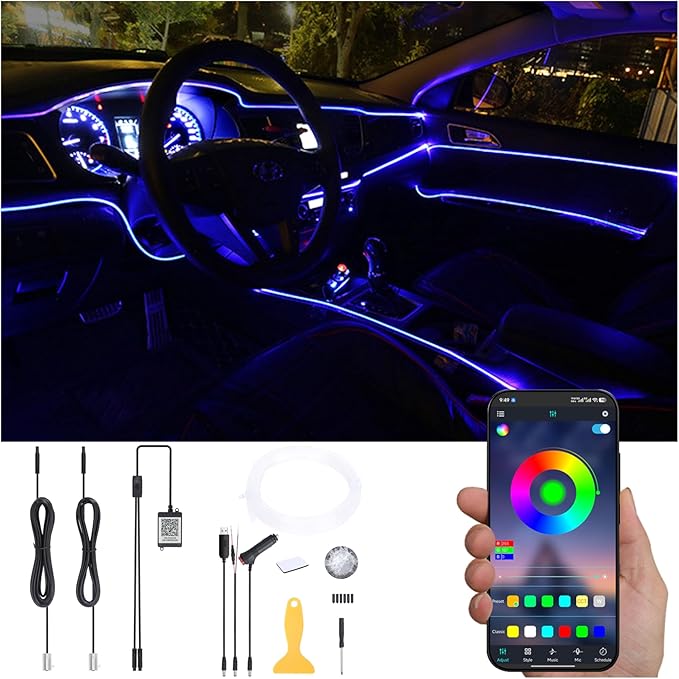 Car Ambient Lighting Optic Fiber 64 Colors Music Sound Active with APP Control Car Decorative Atmosphere Lighting Kit DC 12V 1W 3m
