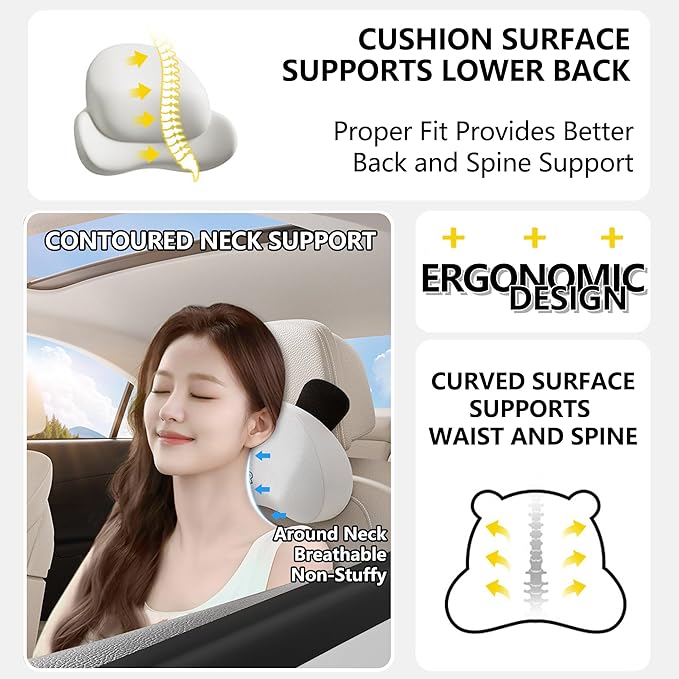 Cute Panda Car Neck Pillow & Lumbar Support Memory Foam Cushion for Driving Adjustable Headrest Waist Pillow for Most Seats (Black, Backrest)