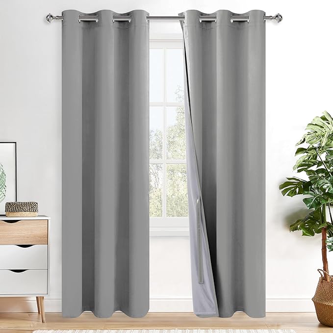 XWZO 100% Blackout Curtains with Tiebacks- 2 Thick Layers Completely Shaded Window Treatment Thermal Insulated Lined Drapes with Grommets for Bedroom/Laundry, Light Grey, W42 x L84, Set of 2 Panels