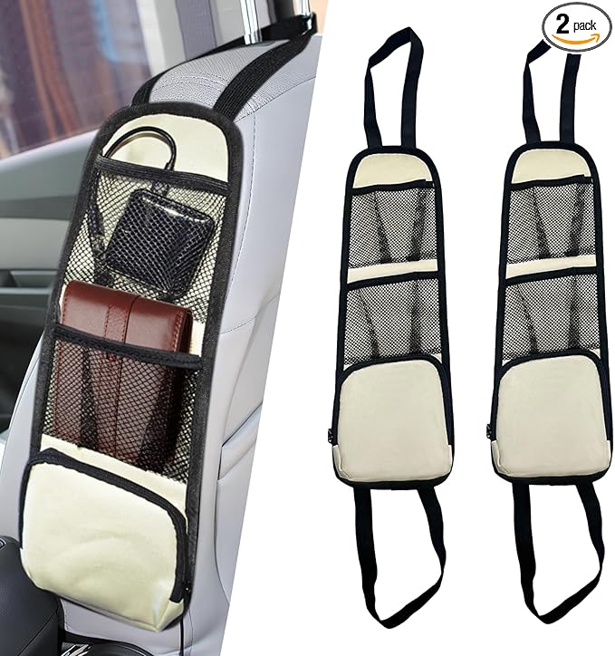 2PCS Car Seat Side Organizer, Seat Side Storage Pocket, Multifunctional Mesh Net Pocket, Car Multi-Pockets Backseat Organizer Side Hanging Bag for Storage Coins, Cell Phones (Beige, 2PCS)