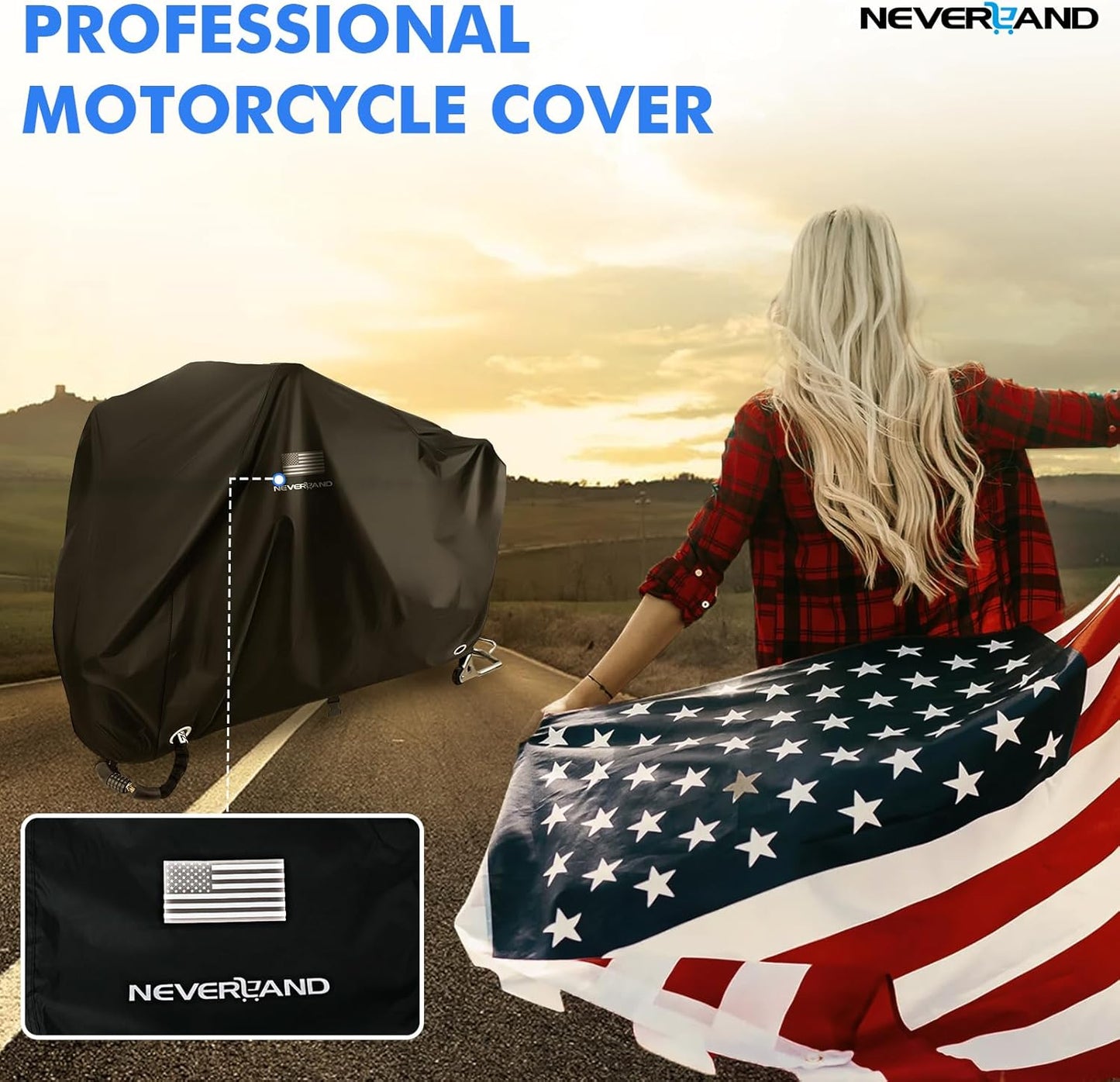NEVERLAND Motorcycle Cover Waterproof Outdoor - Black Heavy Duty Scooter Cover, Motorbike Cover with Refletive Logo, Lock-Hole, Bandage, Storage Bag-Protect Against Dust, Debris, Rain and Weather(XXL)