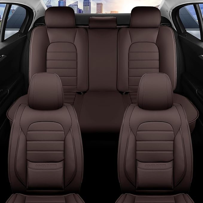 Brown Car Seat Covers Full Set, Universal Faux Leather Seat Covers for Cars 5 Seats, Waterproof Leather Car Seat Covers, Comfortable Automotive Seat Covers for Most Sedans Trucks SUVs
