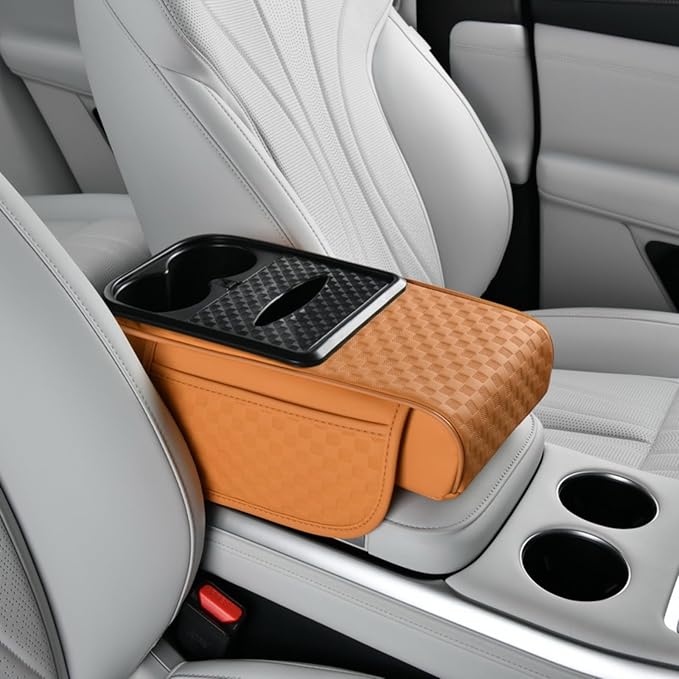 Car Center Console Armrest Pad, Arm Rest Box Cushion with Ergonomic Height Boost, Storage Pockets, Built-in Tissue Box, Cupholder, Fit for Most Sedan Vehicles (Embossing Checkerboard, Orange)