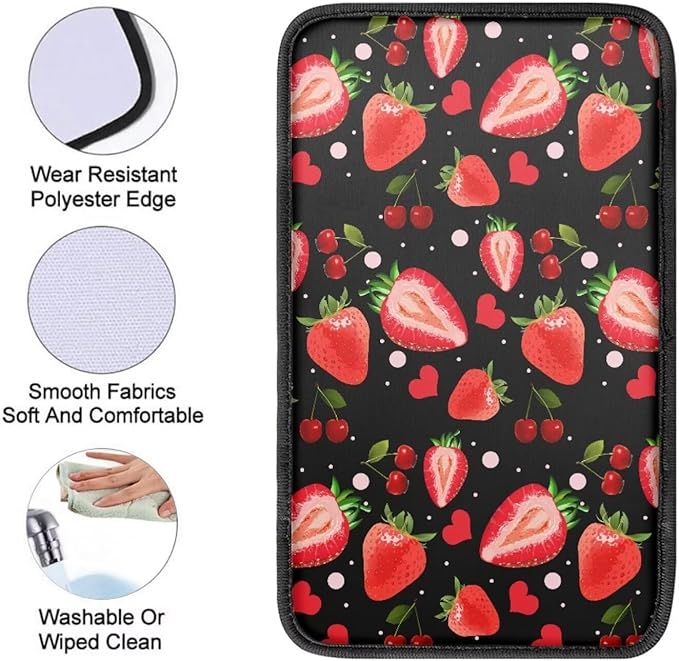 JoyLamoria Car Armrest Cushion Cover Center Console Box Pad Car Accessories with Red Strawberry Print