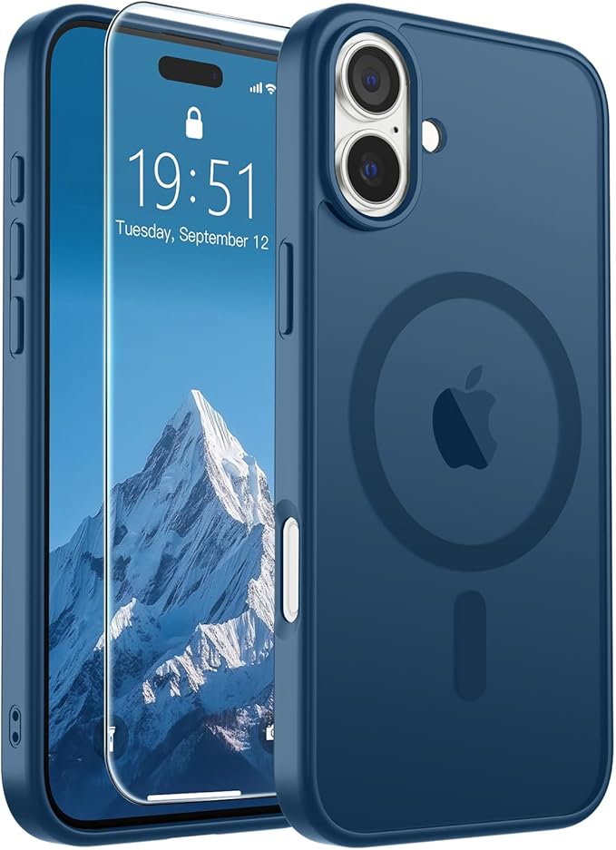 SUPFINE Magnetic for iPhone 16 Case with Screen Protector (Compatible with MagSafe) (Military Grade Drop Protection) Translucent Matte Shockproof with Anti-Fingerprint Phone Case,Deep Blue