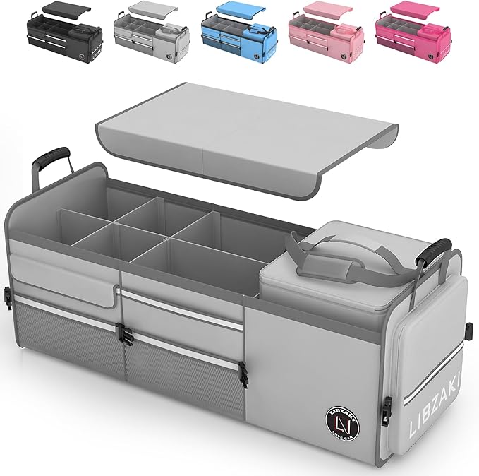LIBZAKI Oversize 4 in 1 Car Trunk Storage Organizer, Multi Compartment Collapsible Trunk Storage Box with Cooler Bag for Car Truck SUV-Gray