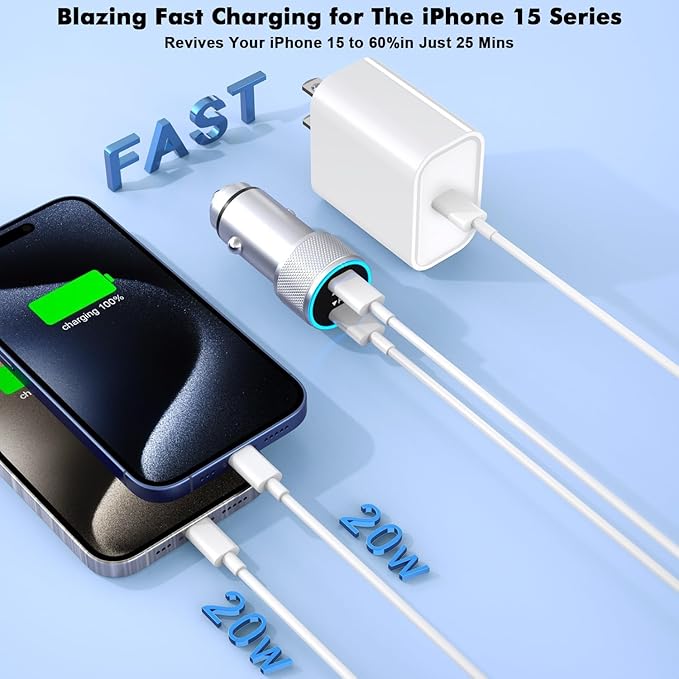 iPhone 17 16 15 Car Charger, 20W Dual Port USBC Fast Car Charger with 20W PD Type C Adapter + 2Pack 3FT USB C to C Charging Cable Fast Charging for iPhone 17/17 Pro/Air/16e/16/15 Pro Max/Airpods/iPad