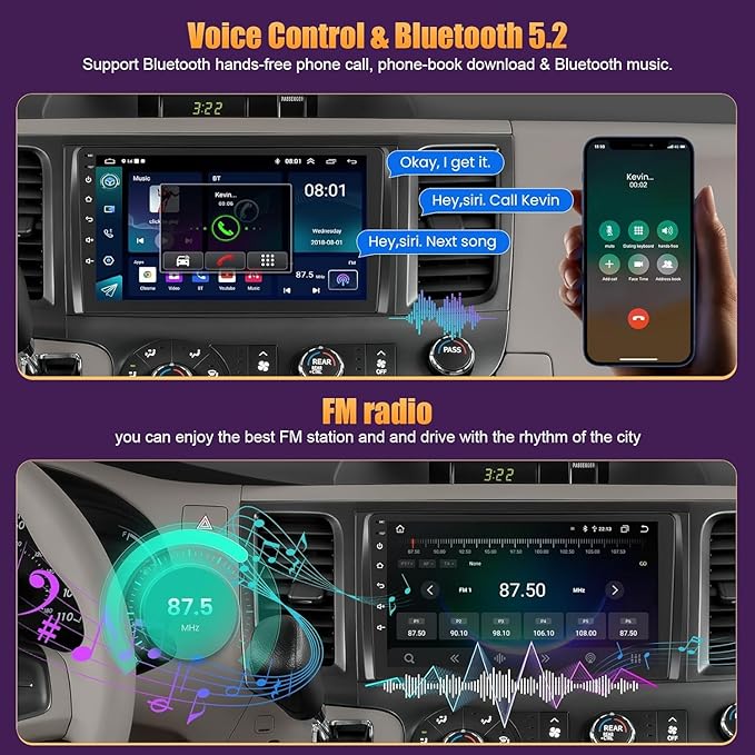 4G+64G Car Radio for Toyota Sienna 2011 2012 2013 2014, 9 Inch IPS Touch Screen Support Wireless Carplay&Android Auto Bluetooth/Voice Control/GPS/WiFi/Back-up Camera/SWC/FM Radio
