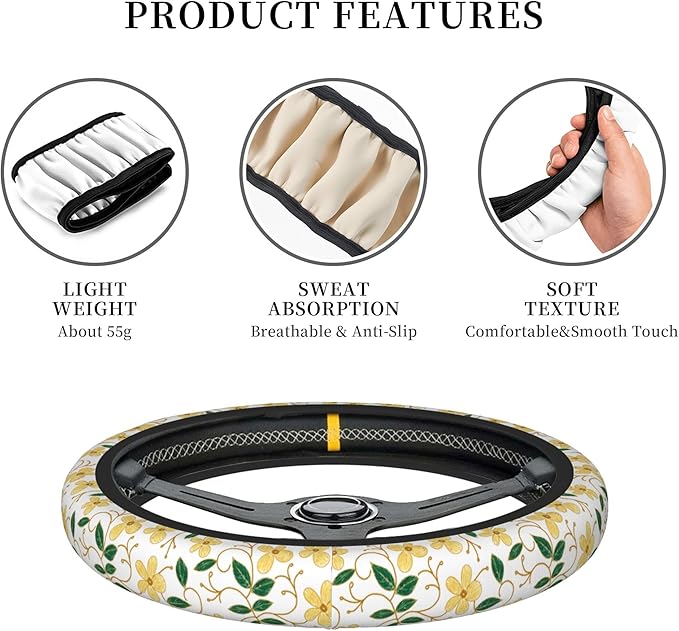 Car Steering Wheel Cover,Yellow Flower Universal Non Slip Wheel Protector 15 Inch Elastic Car Accessories for Men Women
