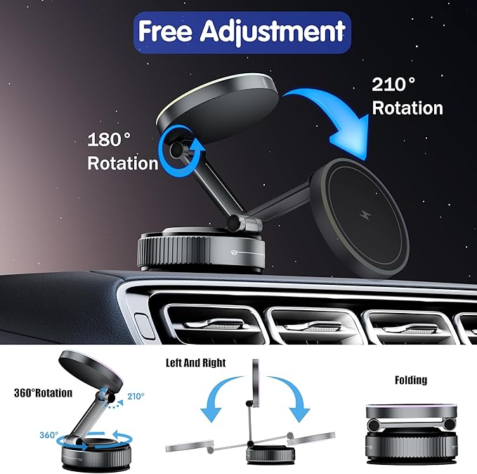Magnetic Phone Holder for Car Wireless Charging, 15W Fast Wireless Car Charger with Vacuum Suction, 360° Adjustable Magnetic Mount for Dashboard & Windshield, Hands-Free for MagSafe iPhone & Android