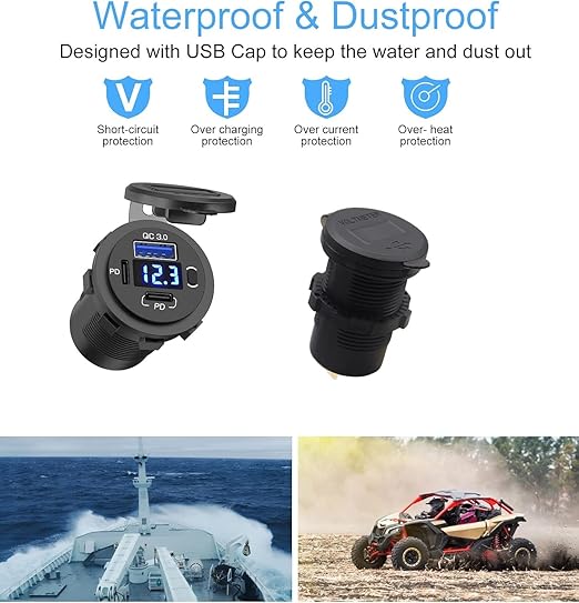 12V USB Outlet, Dual USB C Car Charger Socket & Quick Charge 3.0 Port with Voltmeter and Power Switch for Car Boat Marine Truck 2 Pack