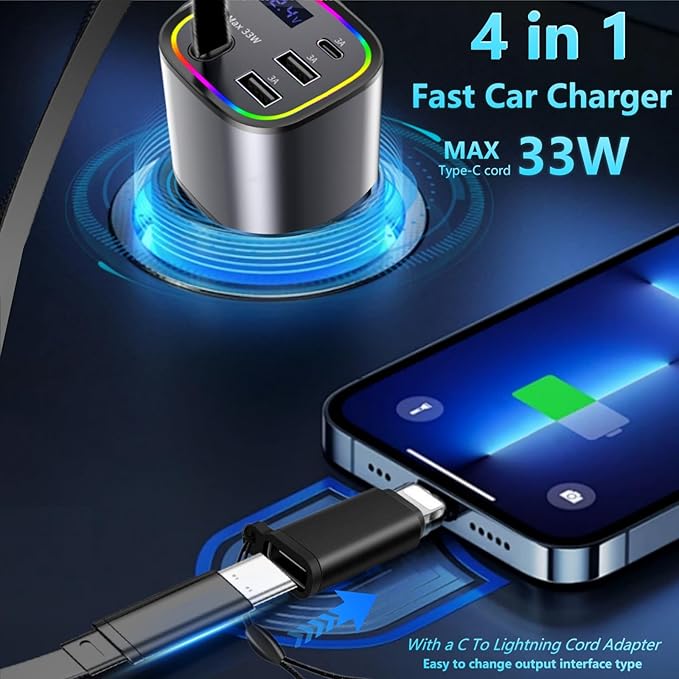 Car Charger USB C - Cigarette Lighter Adapter 78W Fast Retractable Car Charger for iPhone 17 16 pro max 15 14 13 12 Android, 4 in1 Phone Charger with C Cable & Lights for Cars, Car Accessories Gift
