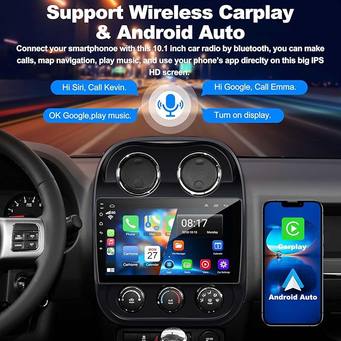 [4+64G] Android 13 Car Stereo for Jeep Compass Patriot 2010-2016 Support Wireless Carplay&Android Auto, 10.1 inch IPS Touchscreen Patriot Radio with GPS, WiFi, Bluetooth FM Radio