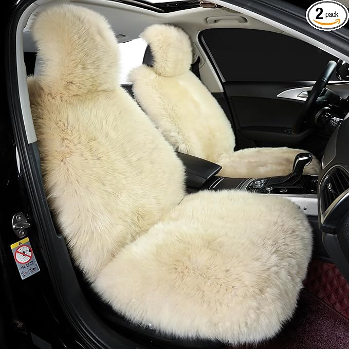 OGLAND 2 Pack Fluffy Sheepskin Car Seat Cover-Fuzzy Fur Auto Cushion for Universal Automotive Protector (Linen Color, 2 Pcs Front Seat Cover)
