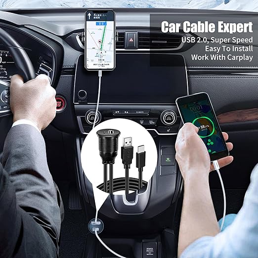 Dual Port USB A/C 2.0 Male to USB A/C 2.0 Female Extension Cable,Flush Mount Waterproof Panel Cable for Car,Truck,Boat,Motorcycle Dashboard 3.3ft