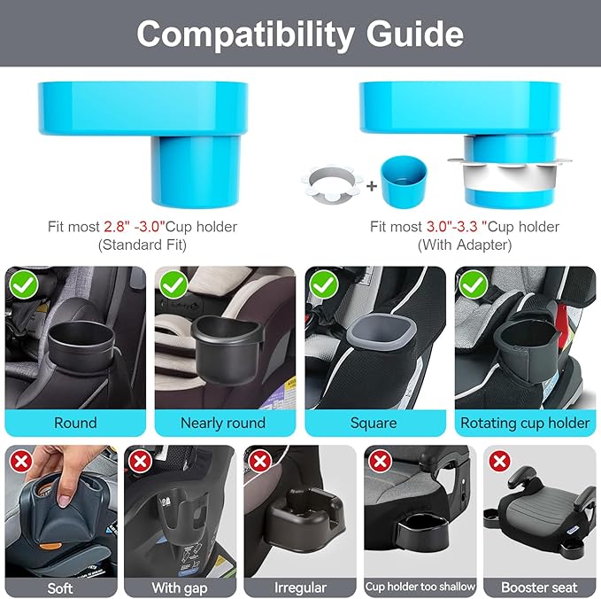 Car Seat Snack Tray for Toddlers - 3 Inch Cup Holder Fits Most Sippy Cups & Straw Bottles with Dip Well, Mess-Free Square Kids Travel Tray Road Trip Essentials, Sky Blue