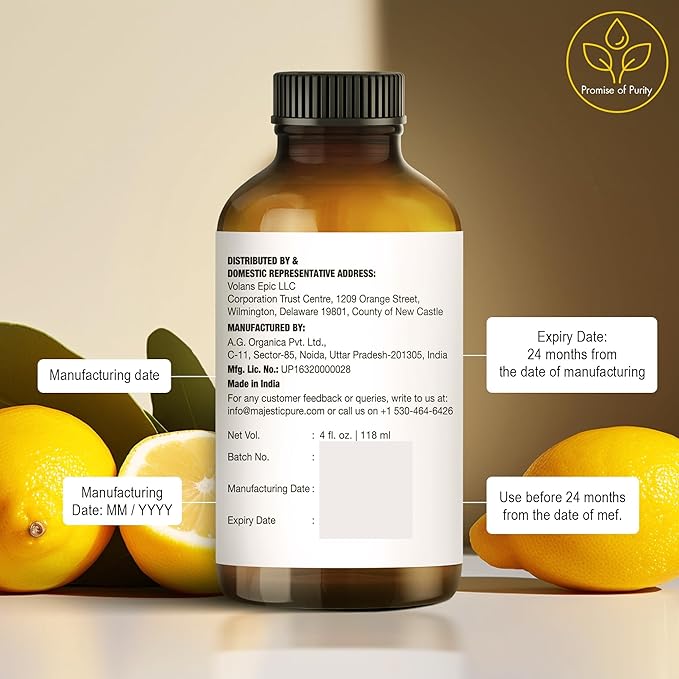 Majestic Pure Essential Oil with Glass Dropper - 100% Pure and Natural - Essential Oils for Diffuser, Aromatherapy, Soap and Candle Making, Lemon Essential Oil, Lemon Oil, 4 Fl Oz