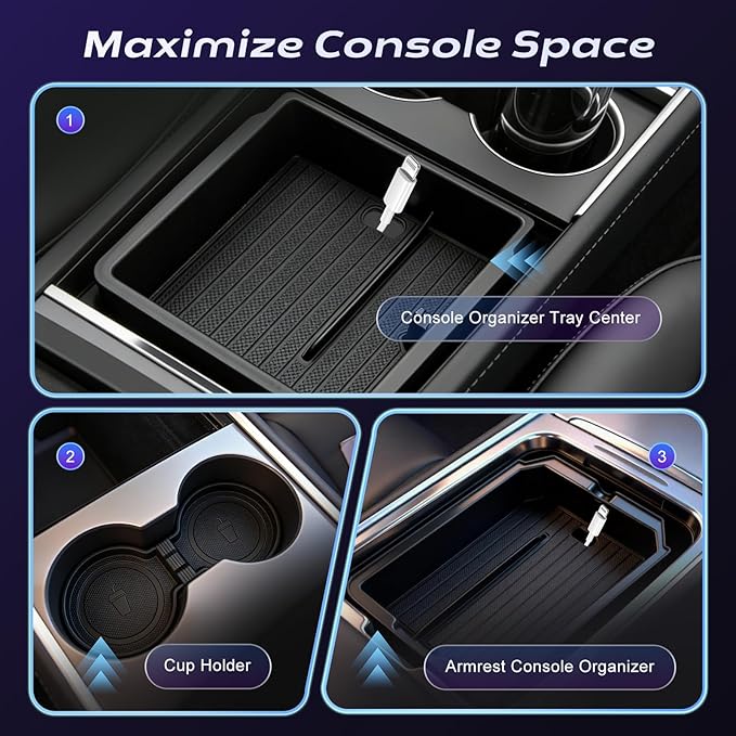 Center Console Organizer Tray for Tesla Model Y Juniper Accessories 2026 and Model 3 Highland Accessories 2024 2025 2026 for Tesla Accessories Cup Holder Matte Black (12PCS-My Juniper 2026+)