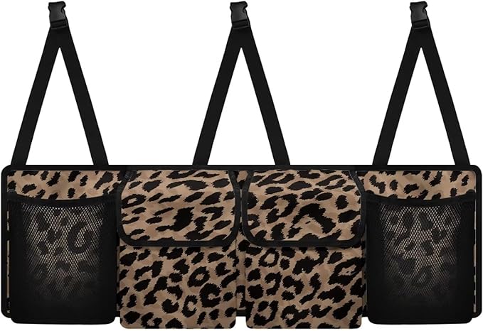 Brown Leopard Print Trunk Organizers for Men Hanging Storage Bins, Foldable Backseat Organizer for SUVs & Sedans, Sturdy Car Organization Accessories