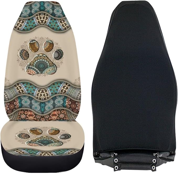 BIGCARJOB Boho Car Seat Covers Set for Front Only Boho Dog Paw Print Car Interior Accessories Cute Seat Protector for Cars Saddle Blanket,Fit Most Vehicle,Cars,Sedan