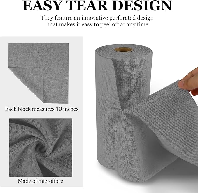 wuyaoyao 50PCS Microfiber Cleaning Cloth Roll, 10"×10" Tear Away Microfiber Towels, Reusable Washable Cloth Paper Towels, Multi-Purpose Cleaning Rags for Car Home Kitchen Garage Shop (Gray)