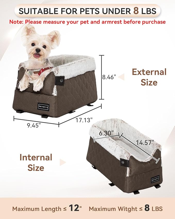 PETSFIT Center Console Dog Car Seat with Safe Protection Hooks, Pet Car Seat with Upgraded Safety Tethers, Washable Cushion, Console Dog Car Seats for Small Dogs (Coffee)