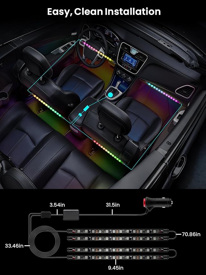 Car LED Lights Interior, 16M Colors APP & CarPlay Control, Music Sync Ambient Lighting Kit, Auto-On/Off，Voltage Protection, Brightness Dimmer 12V DC LED Strip Lights for Car, Truck, SUV