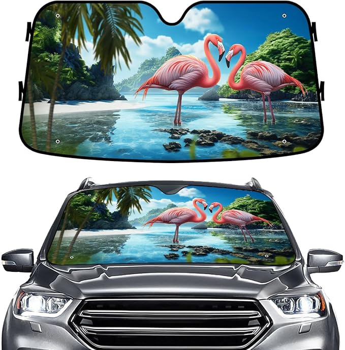 GENANY Flamingo Couple Windshield Sun Shade for Car SUV Truck (55x30 Inches), Sun Shade Windshield, Shades for Front Windows, Spring Car Decor, Xmas Auto Gift
