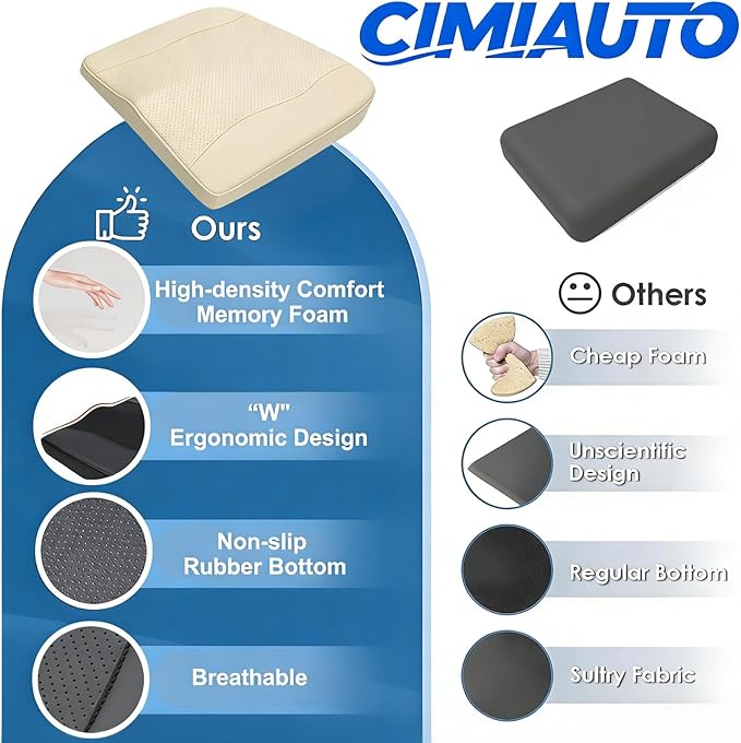 Car Seat Cushion,Thickened Comfort Memory Foam Seat Cushions for Car and Office Chair - Sciatica & Lower Back Pain Relief, Driver Seat Pillow for Auto, Office Chair, Wheelchair Pad-Beige