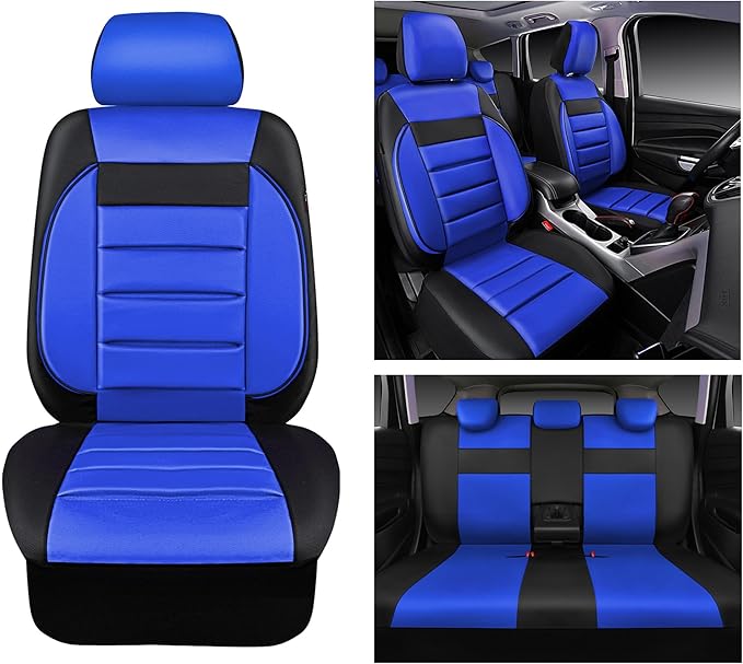 CAR PASS Leather Seat Covers Full Set Universal Water Resistant 3D Foam Back Support, Luxury Comfort Automotive 5 Seat Covers All Season Fit for SUV,Sedan,Van, Airbag Compatible Elegance(Blue Black)
