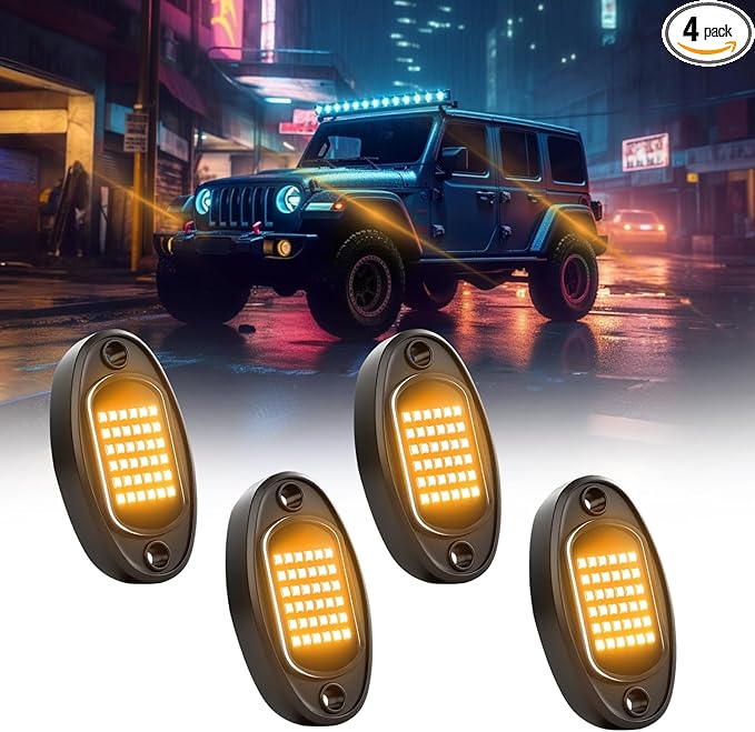 GSRECY Rock Lights Ultra Bright LED Neon Underglow Lights Waterproof for Trucks Pickup SUV UTV ATV RZR Car Boats Motorcycle (Yellow, 4 Pods)