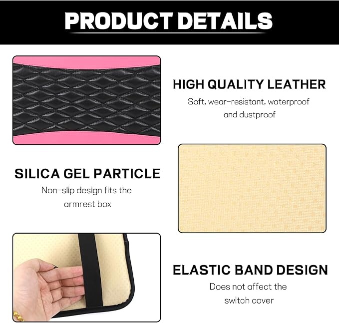 Car Center Console Cushion Pad, 12.72"×7.52" Leather Waterproof Auto Armrest Seat Box Protector, Car Center Console Cover, Universal Interior Decor Car Accessories for SUV Truck (Pink)