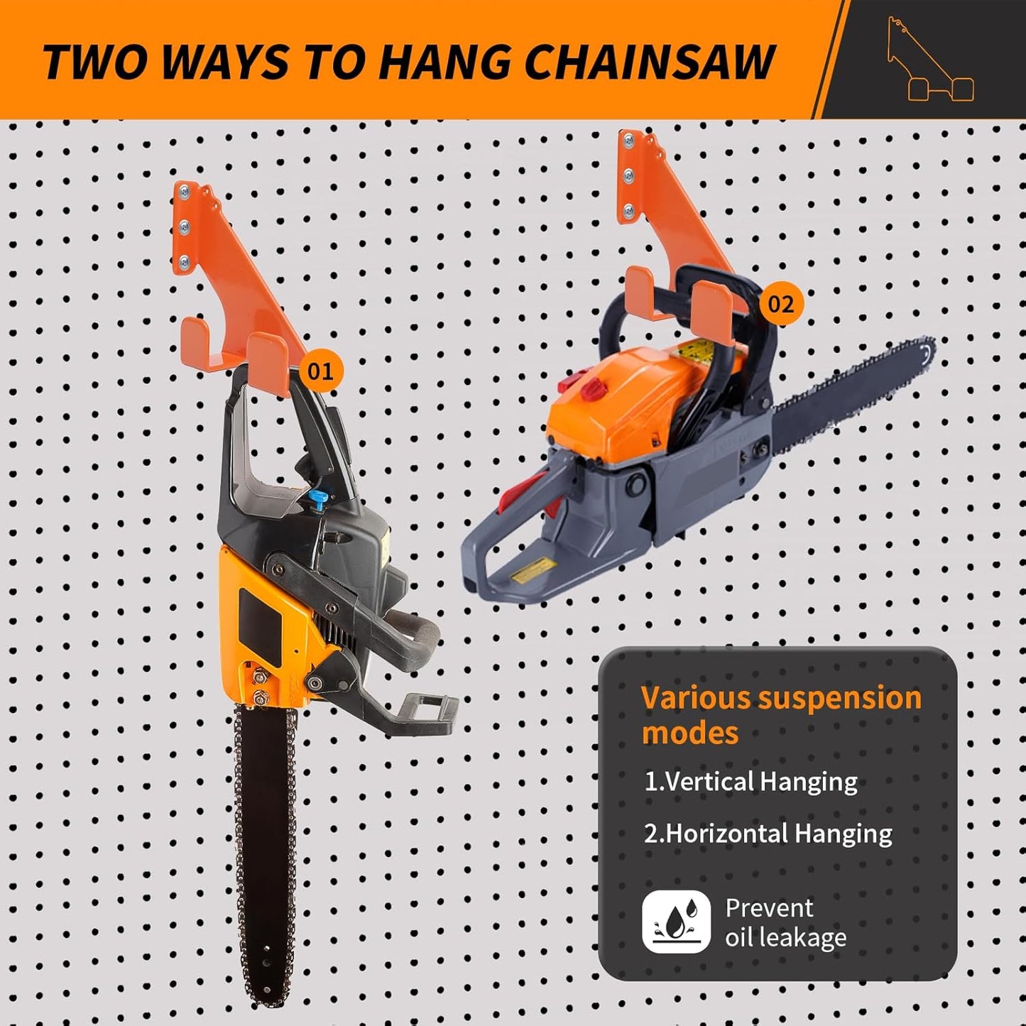 Chainsaw Holder Wall Mount, 2 Pack Heavy Duty Chainsaw Hanger with Rubber Coating, Chainsaw Wall Mount Rack, Chainsaw Organize Rack for Shed, Garage and Storage, Orange
