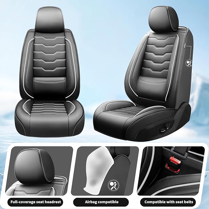 Fit Tucson Car Seat Covers Premium Leather for Hyundai Tucson 2010-2025 2026. Waterproof， Breathable, Scratch-Resistant & All-Weather Seat Cushion Protector (Front Seat, White Line Black)