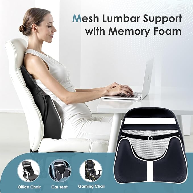 FLORICH Memory Foam Double Layer Breathable Mesh Lumbar Support Ergonomic Leather Lumbar Support Pillow with 3D Mesh Back Support and Adjustable Strap for CarSeat & Office Chair(Black)