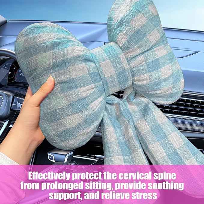 Bow Car Headrest Pillow, Breathable Memory Foam Vehicle Neck Pillow with Adjustable Strap, Ergonomic Auto Neck Support Cushion for Pain Pressure Relief, Universal for Most Cars (Blue/Grid)
