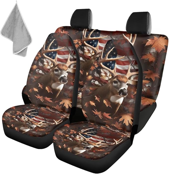KEIAHUAN American Flag Deer Car Seat Covers for SUV/Sedan/Truck/Van Universal Fit Front and Rear Split Bench Seat Cover Set Soft and Stretchy Auto Interior Accessories Decoration