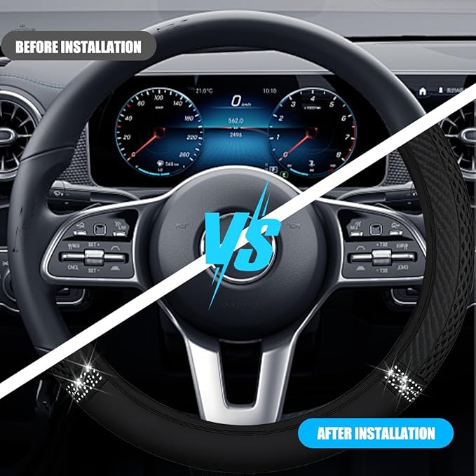 Bling Car Steering Wheel Cover, 15 Inch Elastic Stretch Crystal Rhinestone Vehicle Steering Wheel Protector, Anti-Slip Auto Interior Protective Cover, Universal for SUV RV Truck (Black)