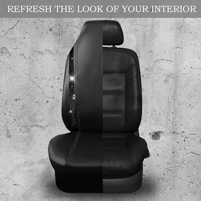 CAR PASS Leather Car Seat Covers High Back Bucket Bling Diamond Front Seats, Waterproof Universal Shining Glitter Crystal Sparkle Fit Model 3 Tesla Model Y, Truck SUV Cute Women Girl, Black Rhinestone