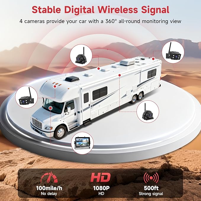 Wireless RV Backup Camera System, 9" 1080P DVR Monitor with 4 IP69 Waterproof Night Vision Side Rear View Back Up Cameras for Trailer Truck Camper Compatible with Furrion Mount
