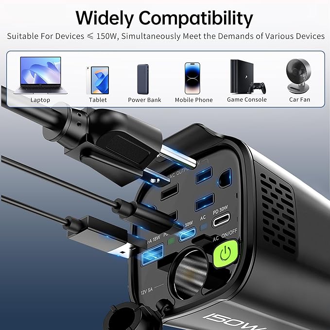 150W Power Inverter 6 in 1 DC 12V to 110V AC Inverter with 60W Dual USB-C and 18W USB-Fast Charger & 2 AC Outlets, Car Pluɡ Adapter Outlet for Laptop/Phone/GPS | Cup Holder Design for Travel